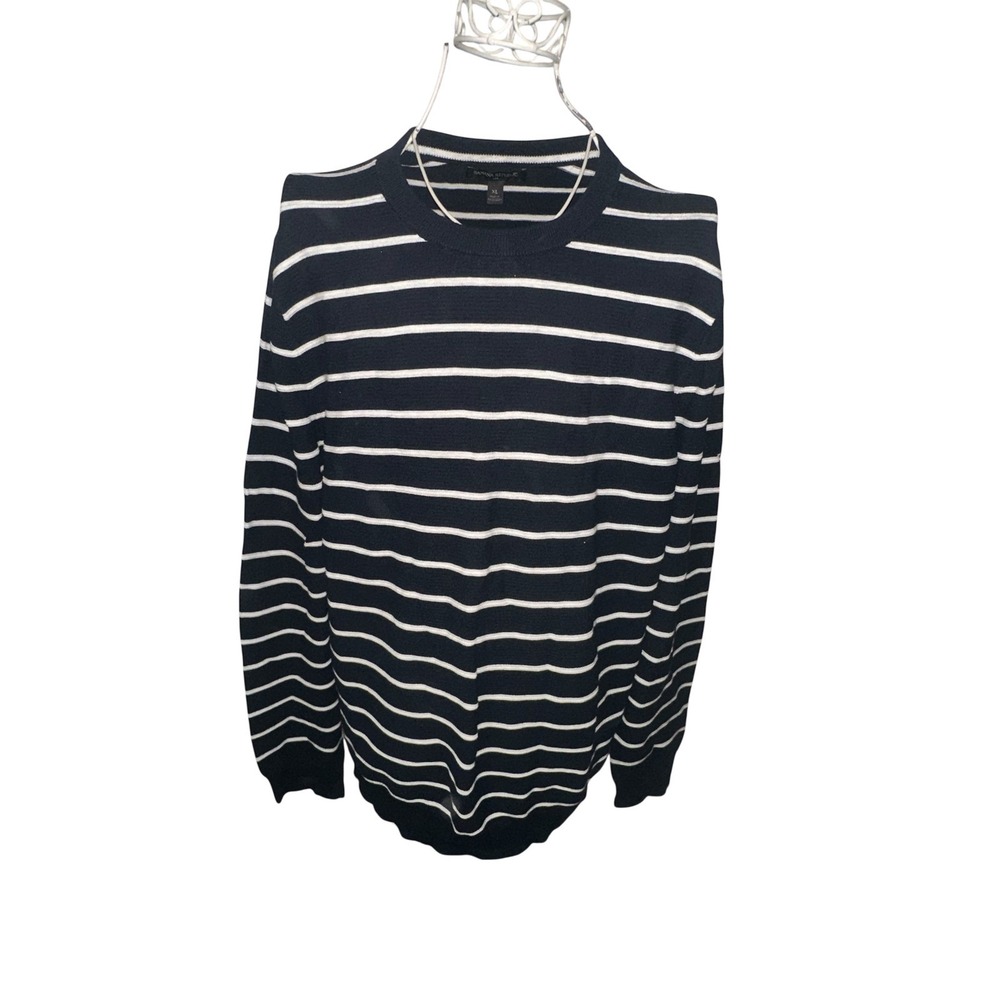 NWOT Banana Republic Mens XL Navy Blue White Striped Cotton Crew Neck Sweater